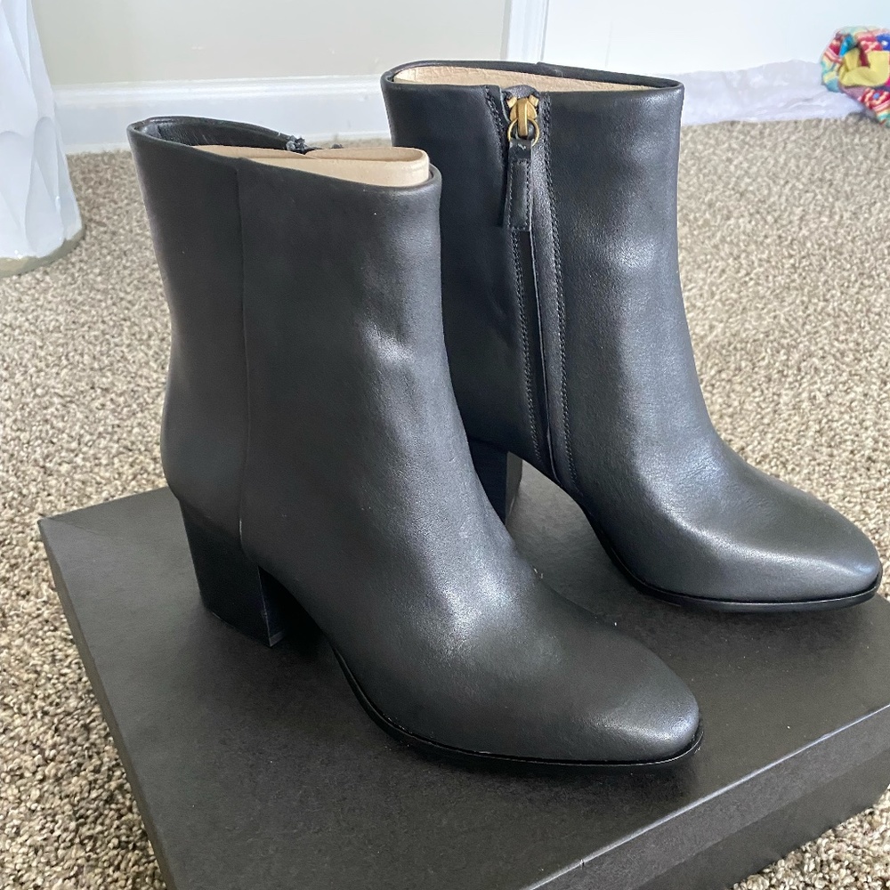 jcrew black Sadie stacked-heel leather ankle boots